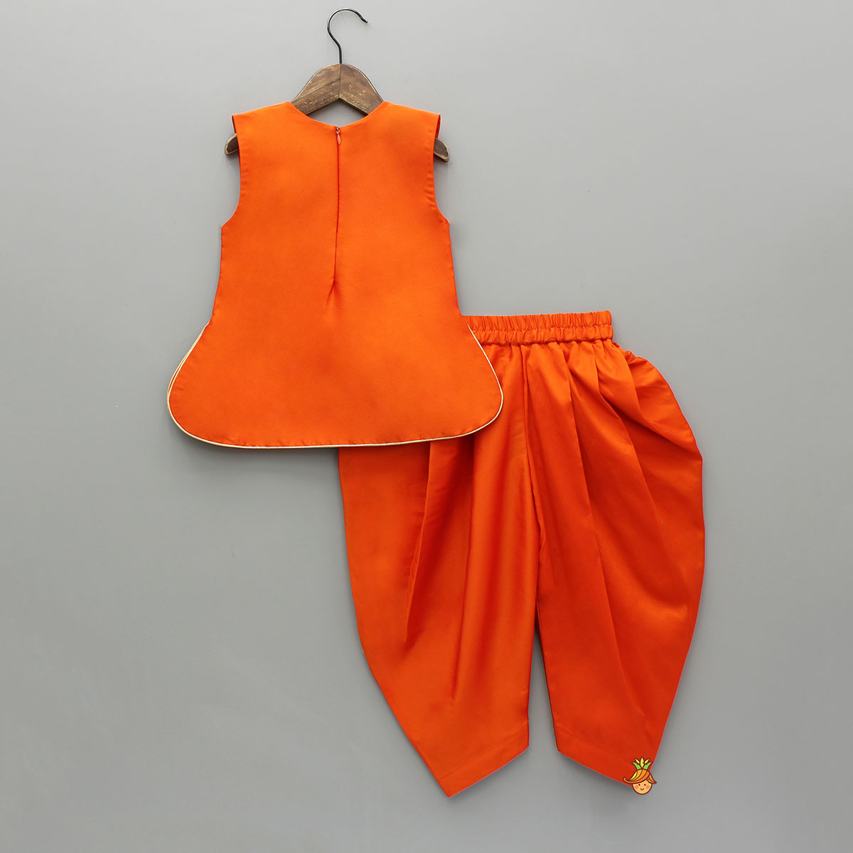 Orange Stylish Scalloped Kurti With Matching Dhoti And Choker Dupatta