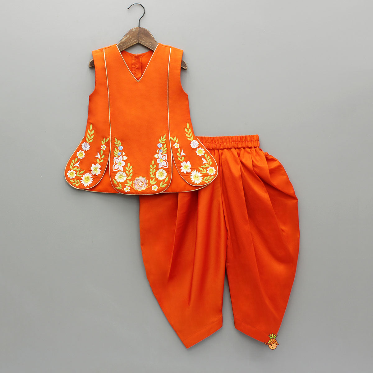 Orange Stylish Scalloped Kurti With Matching Dhoti And Choker Dupatta