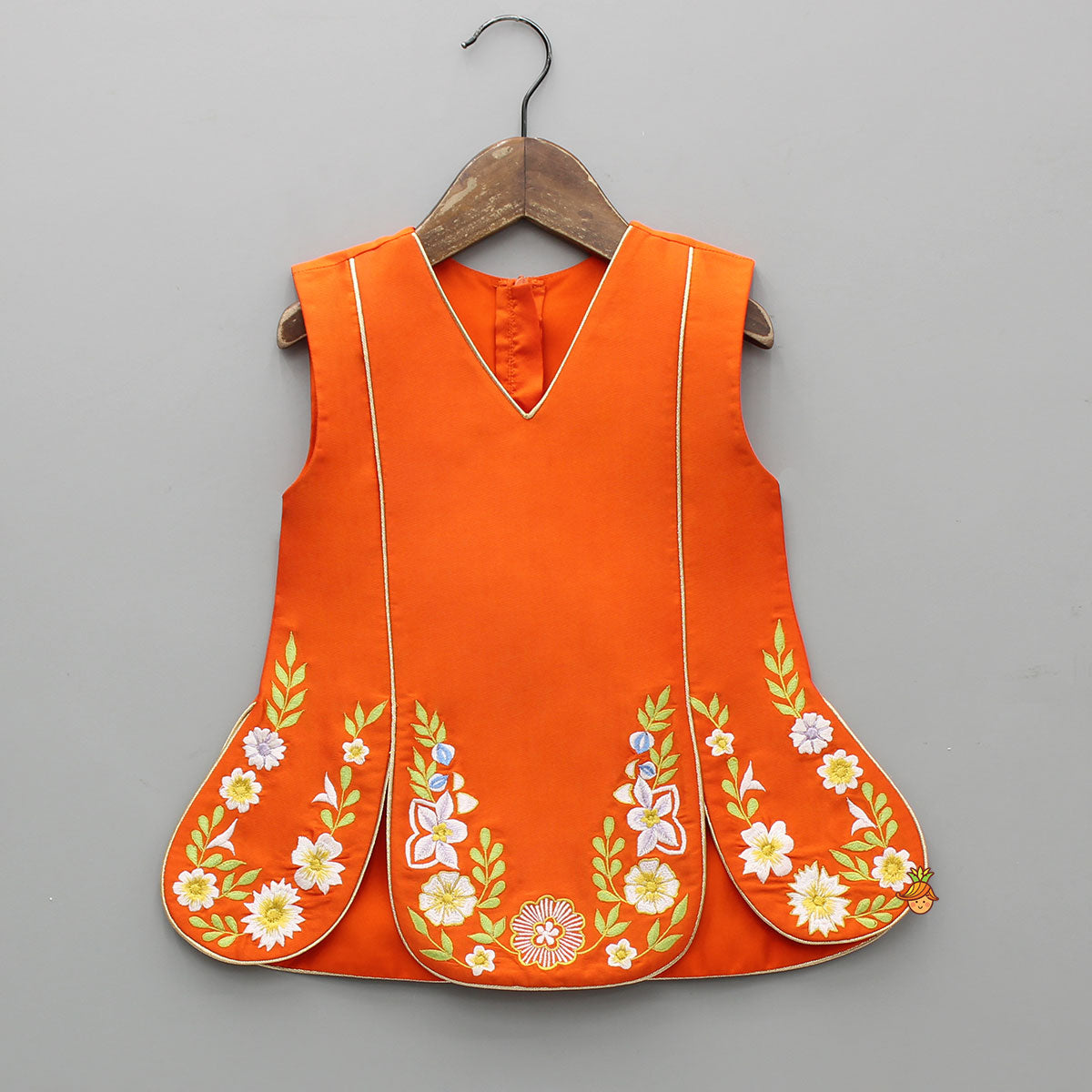 Orange Stylish Scalloped Kurti With Matching Dhoti And Choker Dupatta