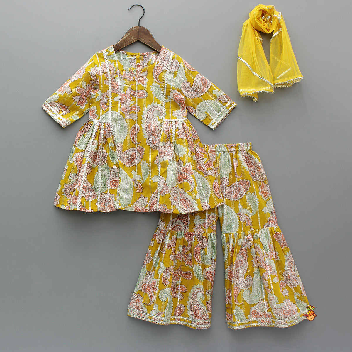 Floral Printed Cotton Lace Detailed Kurti With Sharara And Dupatta