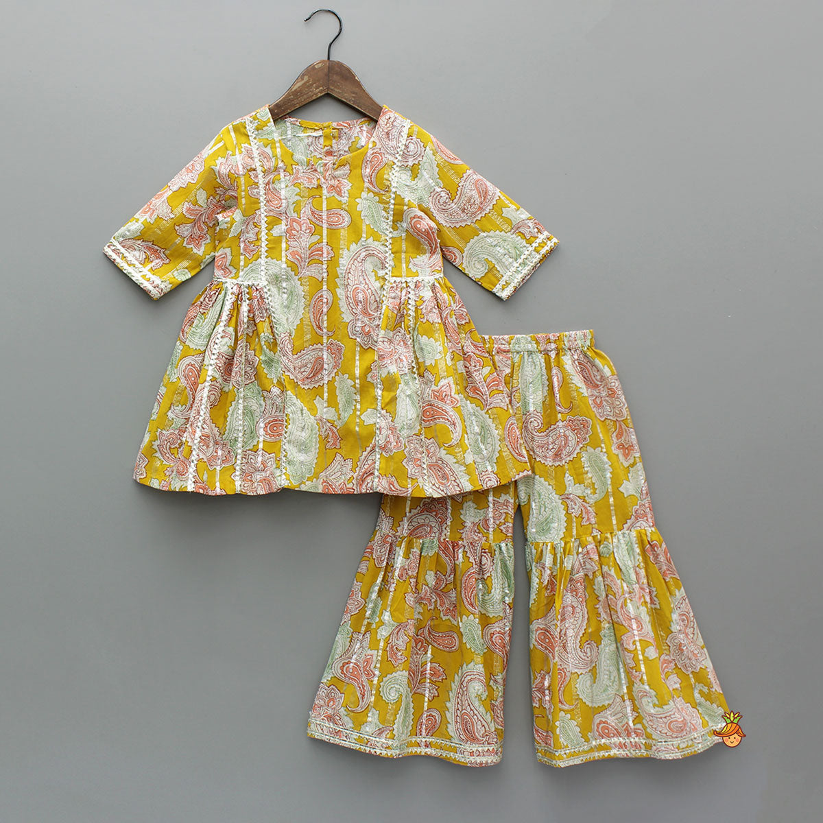 Floral Printed Cotton Lace Detailed Kurti With Sharara And Dupatta