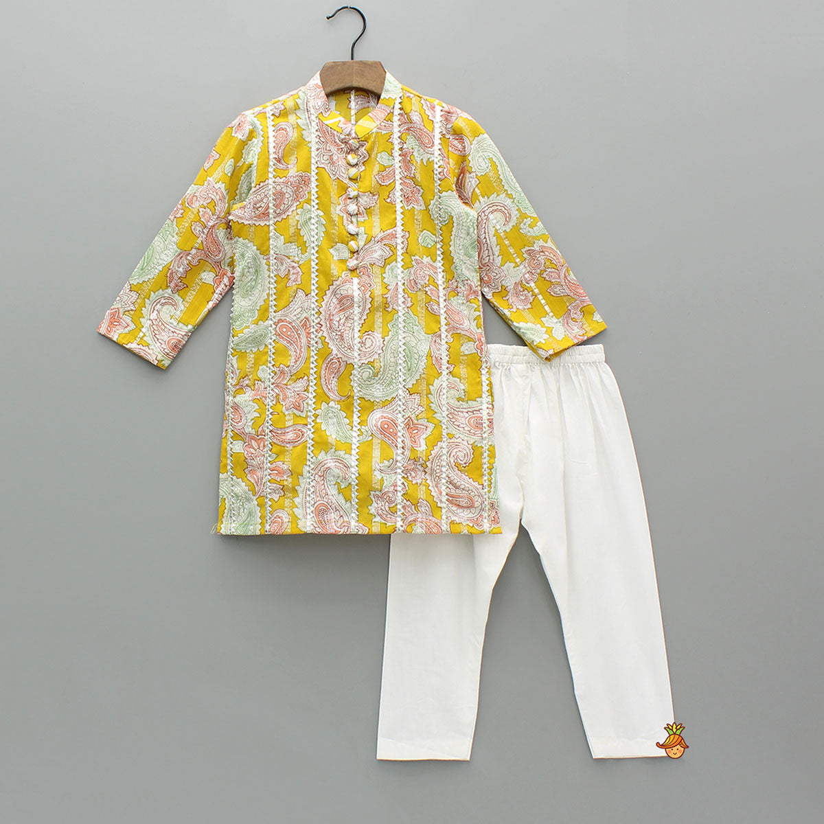 Floral Printed Cotton Lace Detailed Yellow Kurta With Pyjama