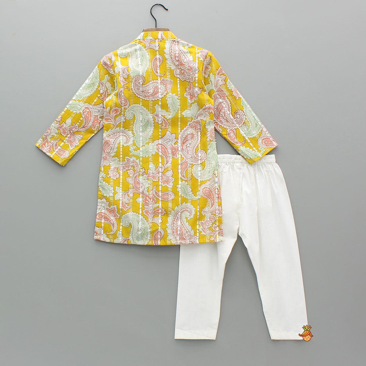 Floral Printed Cotton Lace Detailed Yellow Kurta With Pyjama