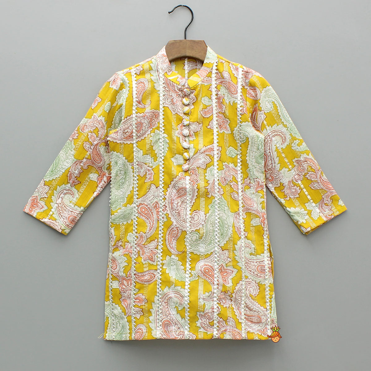 Floral Printed Cotton Lace Detailed Yellow Kurta With Pyjama