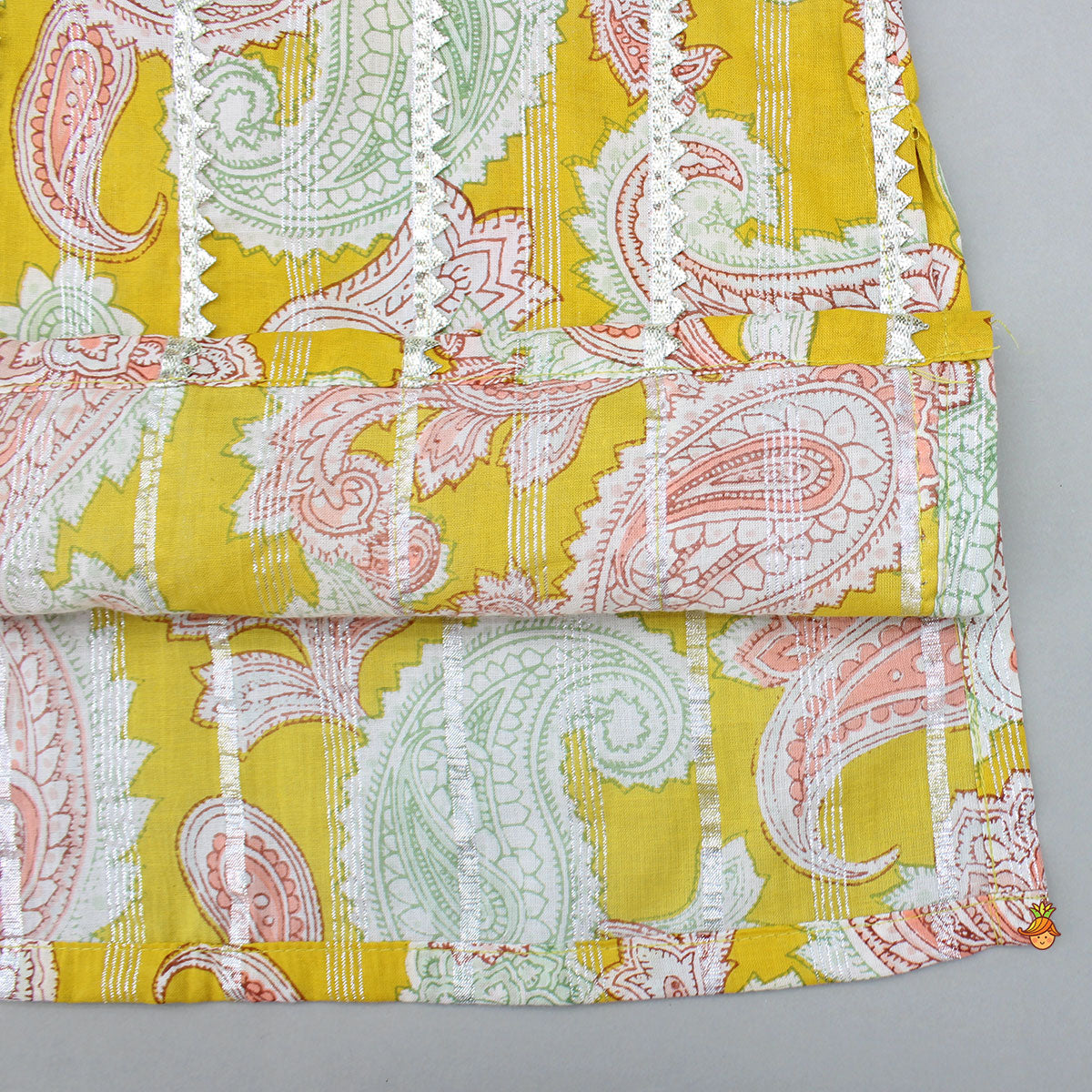 Floral Printed Cotton Lace Detailed Yellow Kurta With Pyjama