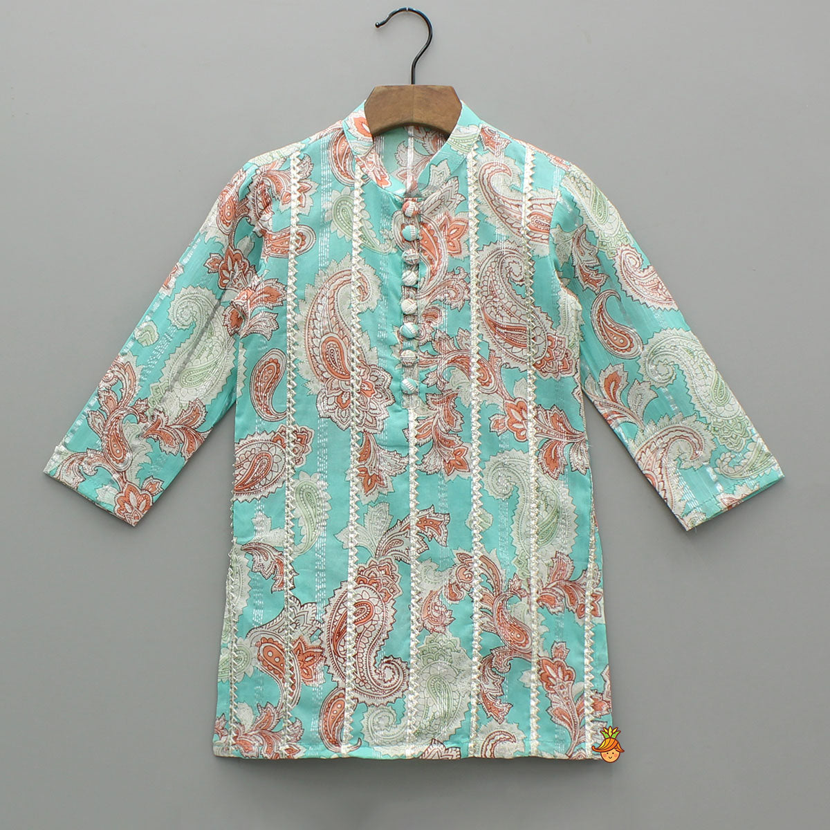 Floral Printed Cotton Lace Detailed Blue Kurta With Pyjama