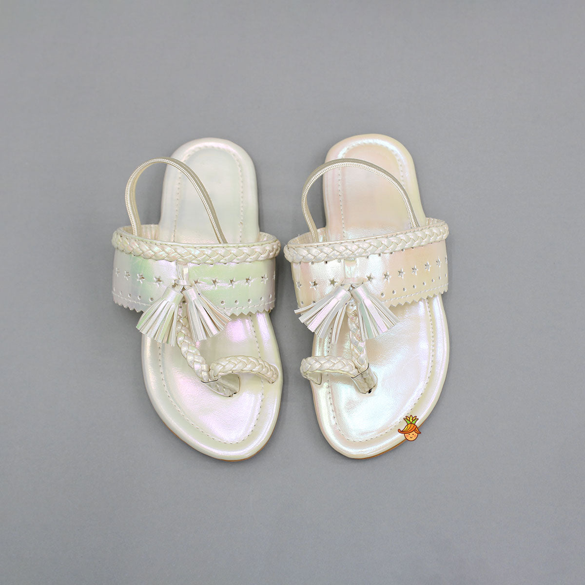 Cream Holographic Braid Detailed Kolhapuri Flats