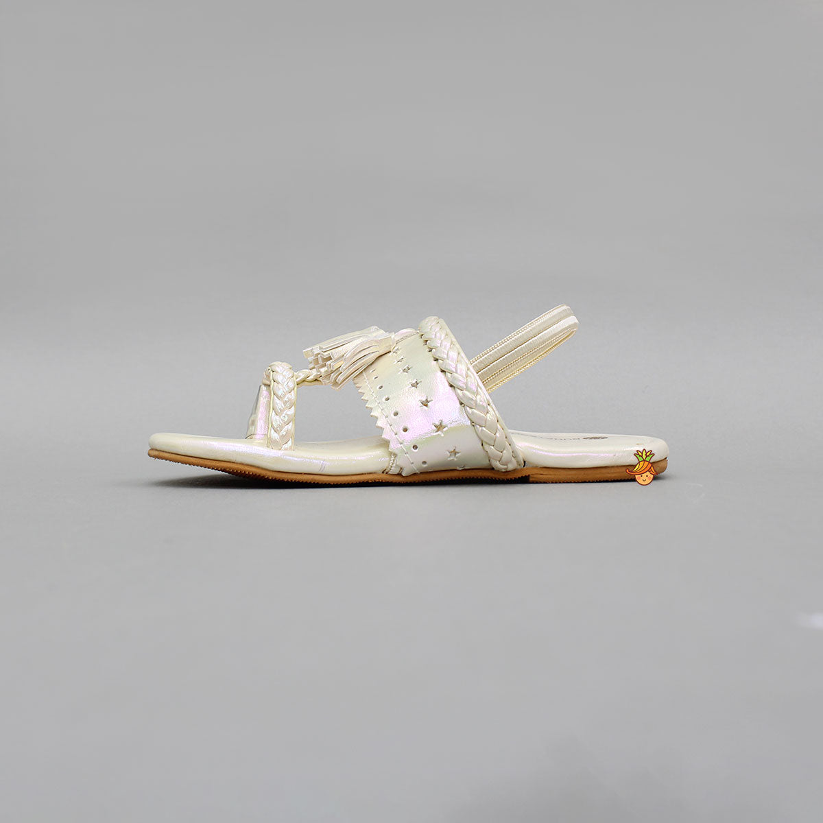 Cream Holographic Braid Detailed Kolhapuri Flats