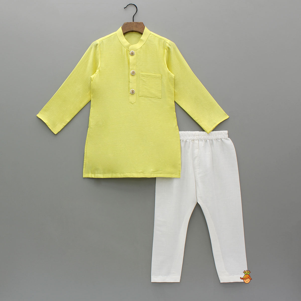Yellow Kurta With Embroidered Jacket And White Pyjama