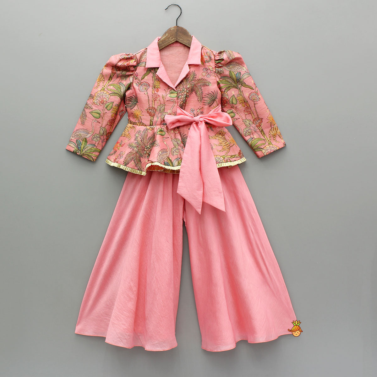 Pink Printed Jacket Style Peplum Top And Flared Palazzo