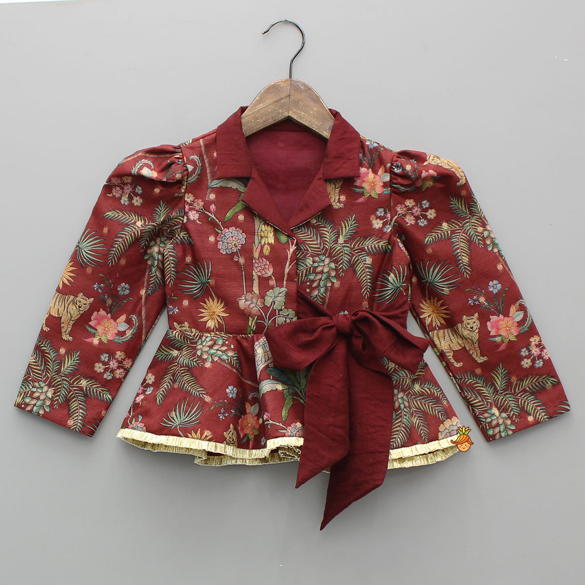 Maroon Printed Jacket Style Peplum Top And Flared Palazzo