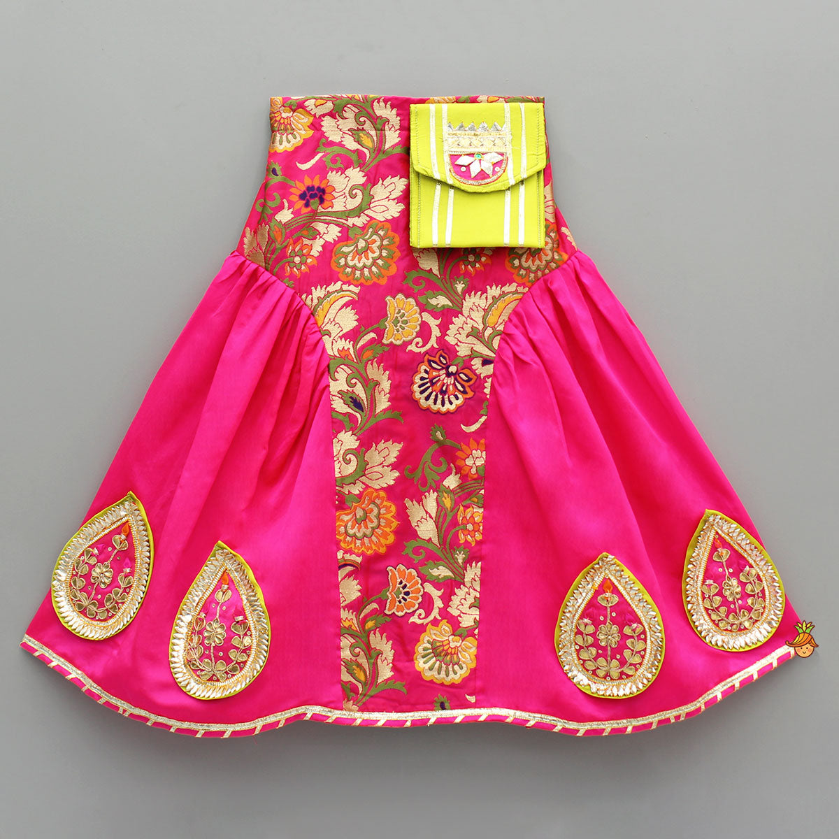 Stunning Bow Embellished Floral Top With Matching Lehenga And Attached Pouch