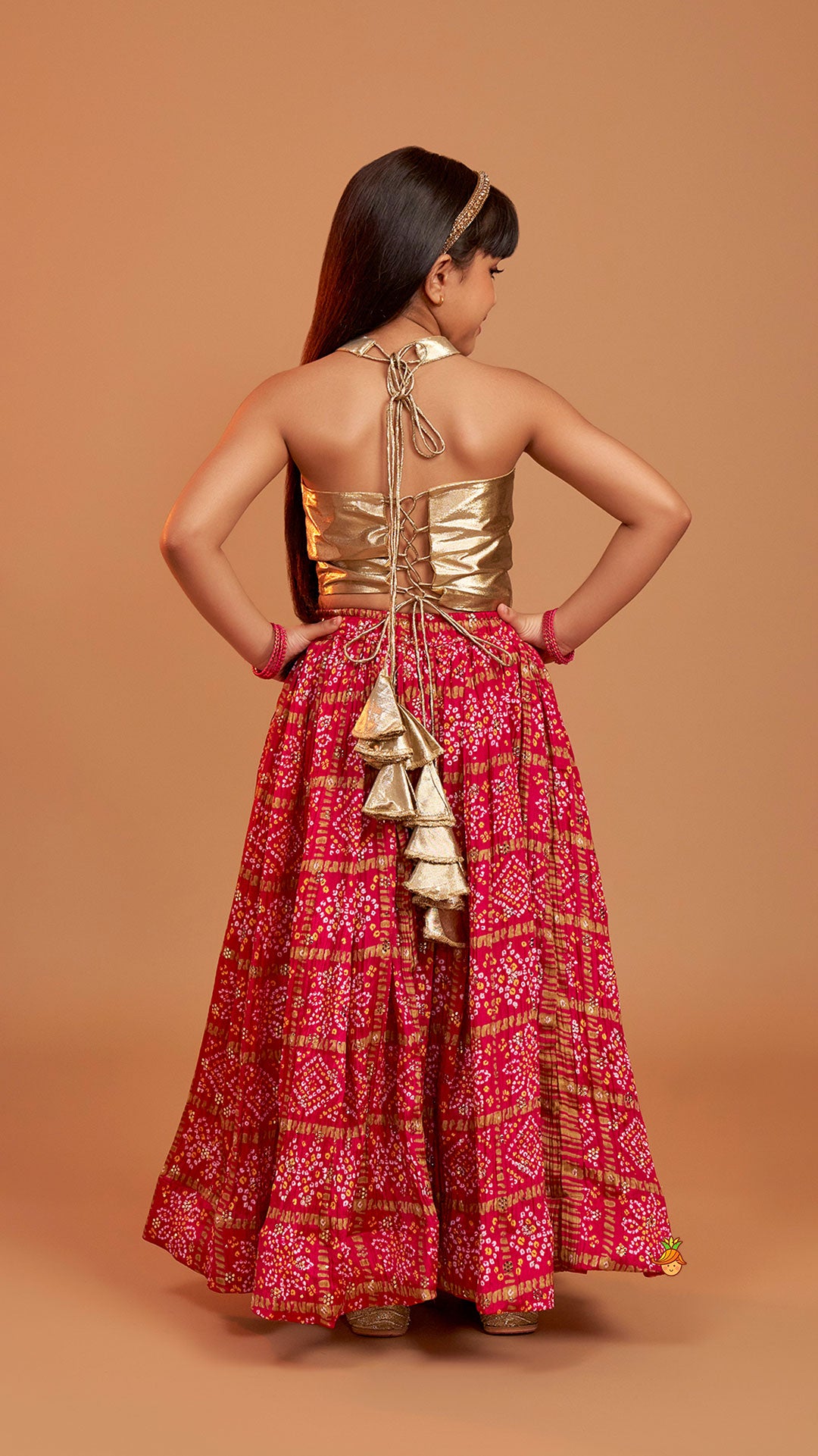 Halter Neck Top With Pink Bandhani Printed Lehenga