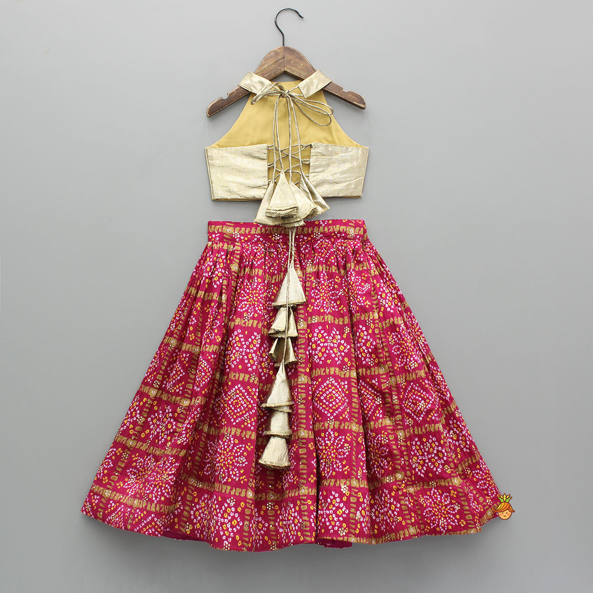 Halter Neck Top With Pink Bandhani Printed Lehenga