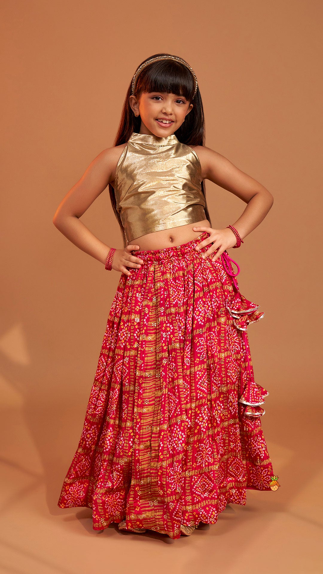 Halter Neck Top With Pink Bandhani Printed Lehenga