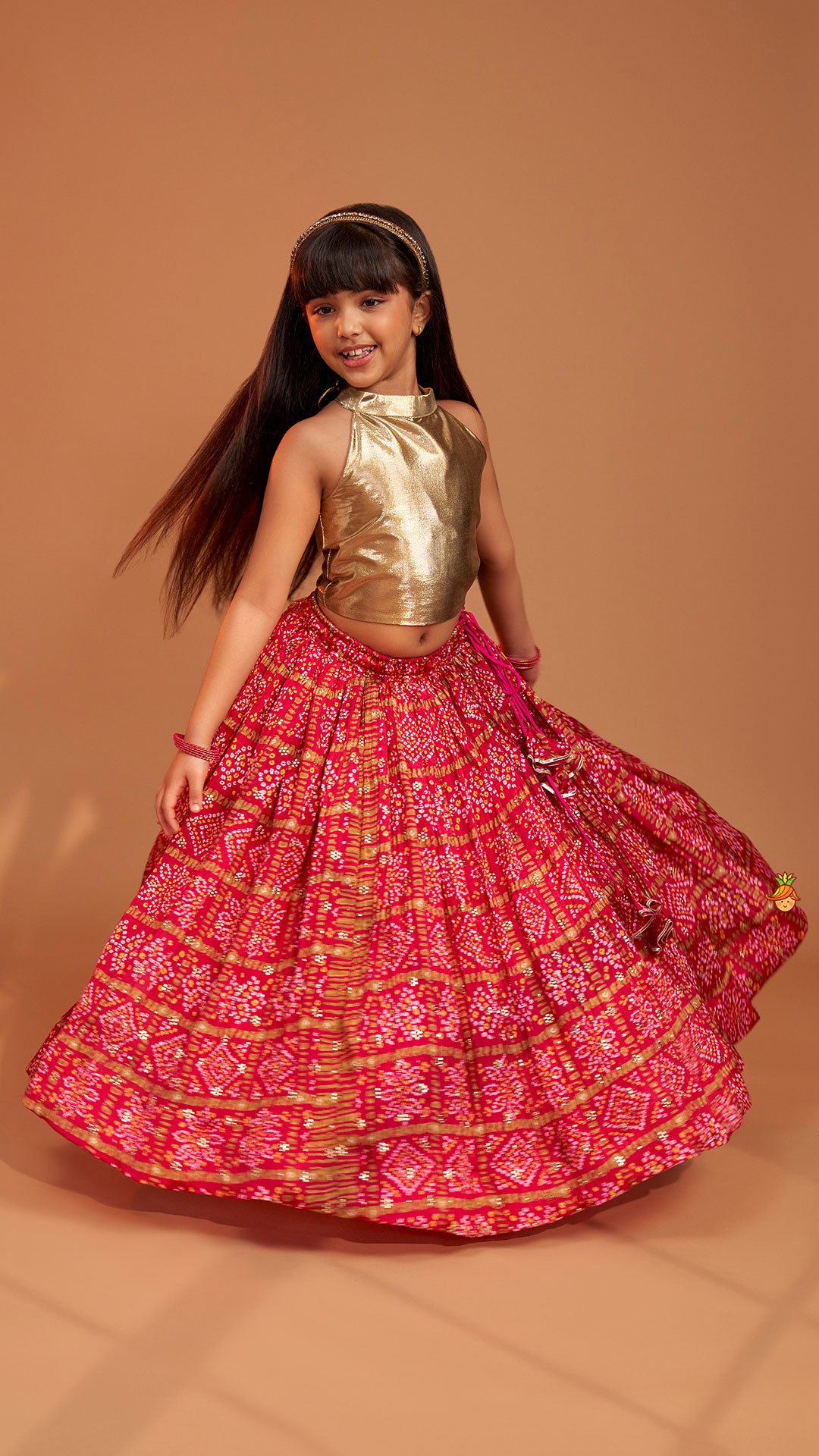 Halter Neck Top With Pink Bandhani Printed Lehenga