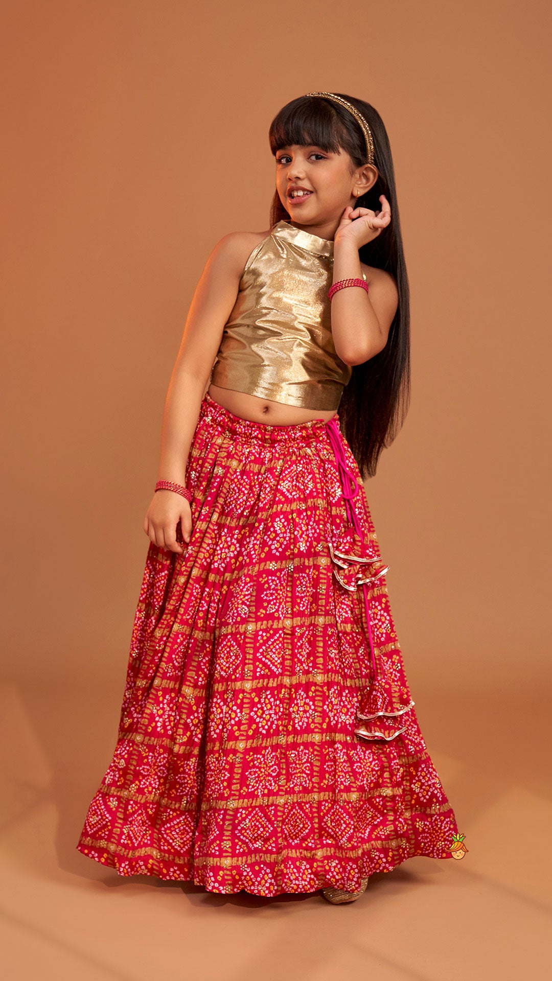 Halter Neck Top With Pink Bandhani Printed Lehenga