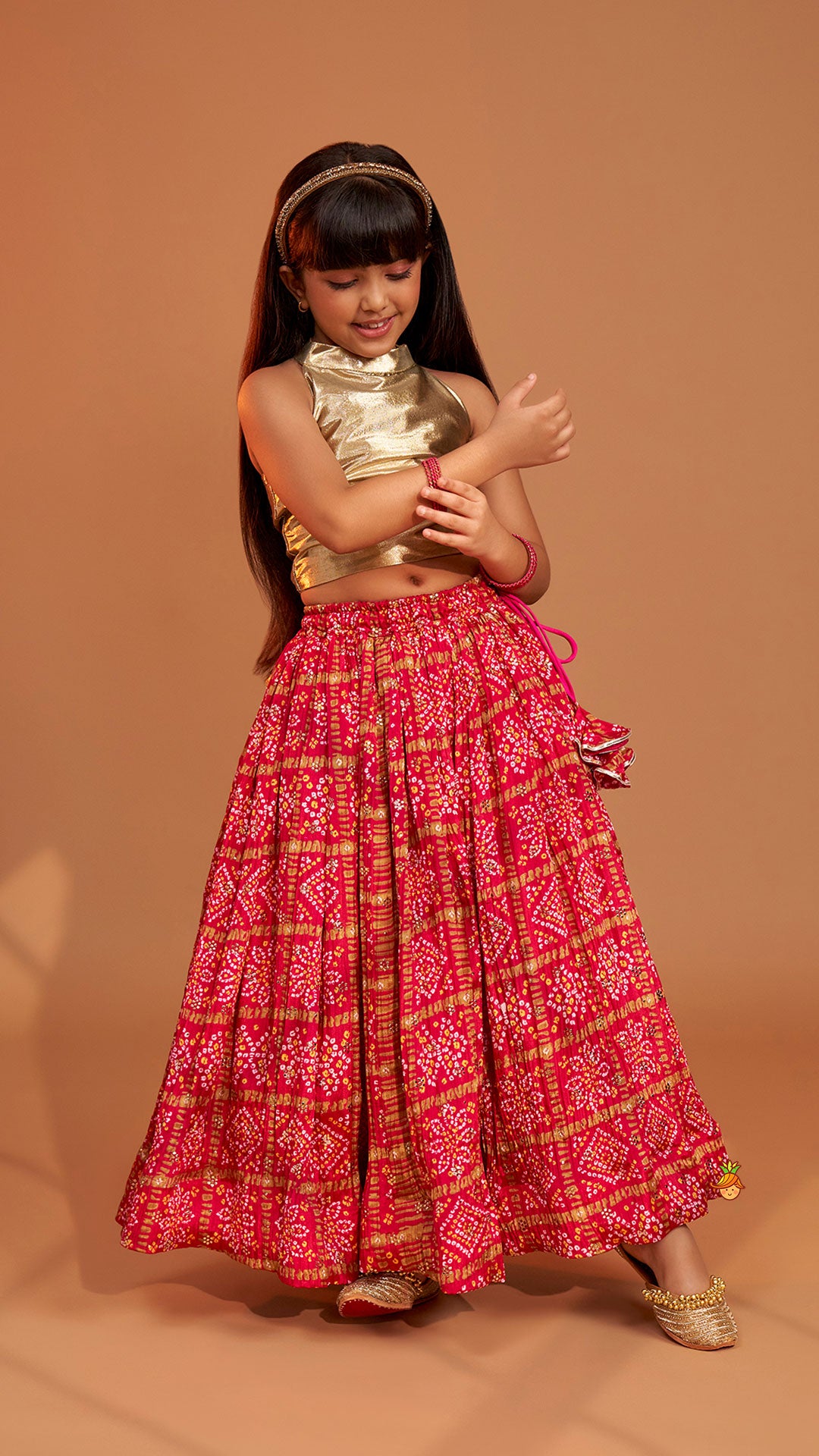 Halter Neck Top With Pink Bandhani Printed Lehenga