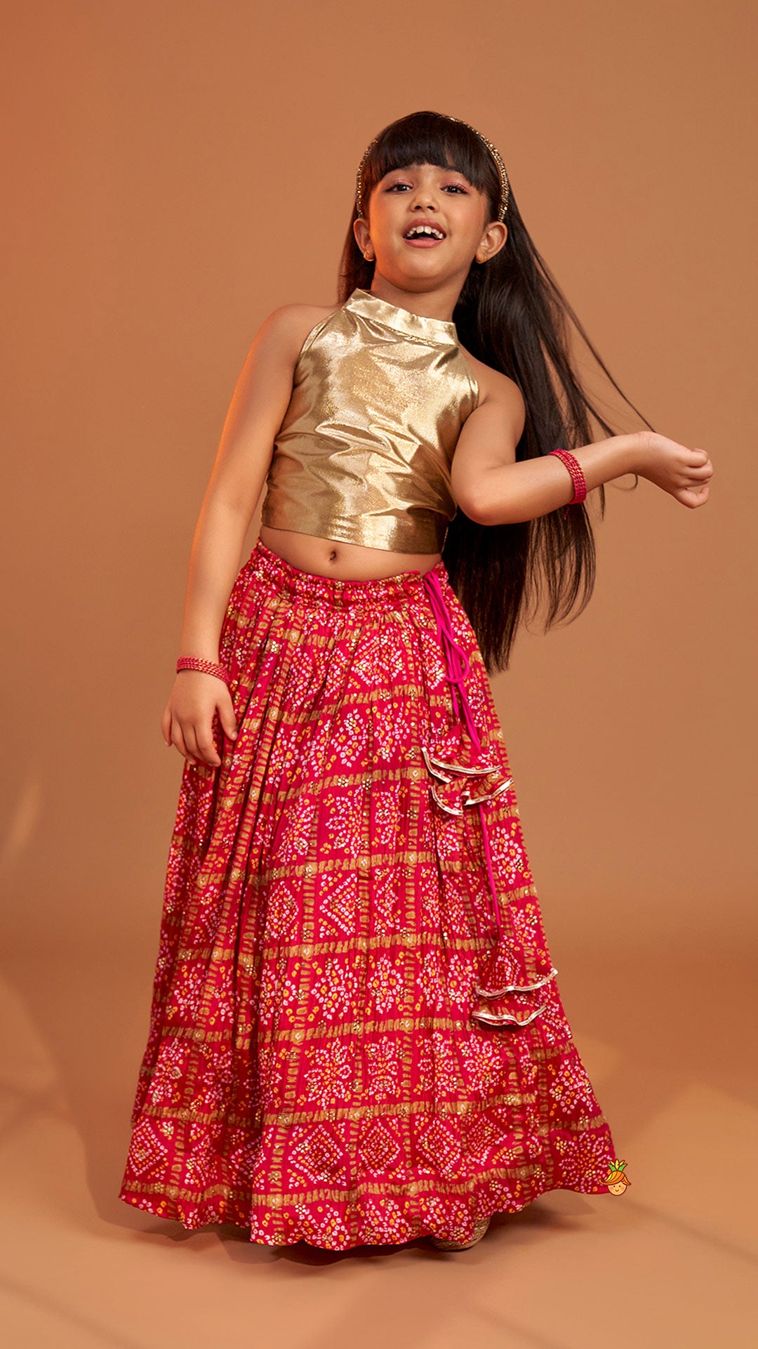 Halter Neck Top With Pink Bandhani Printed Lehenga