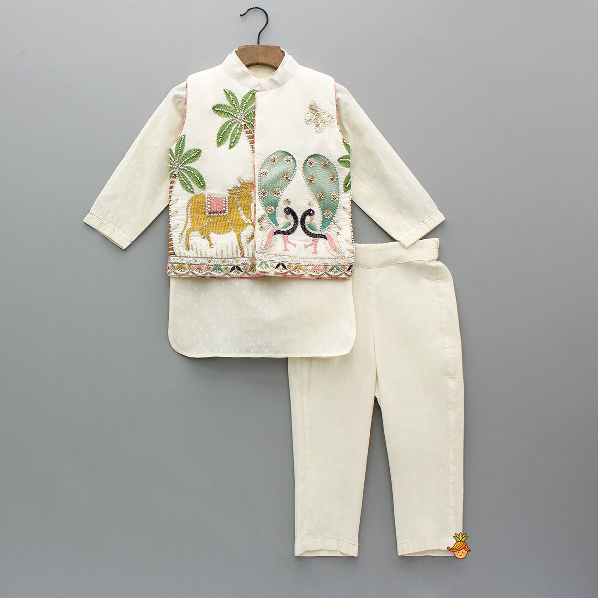 Off White Kurta With Beautiful Embroidered Jacket And Pyjama