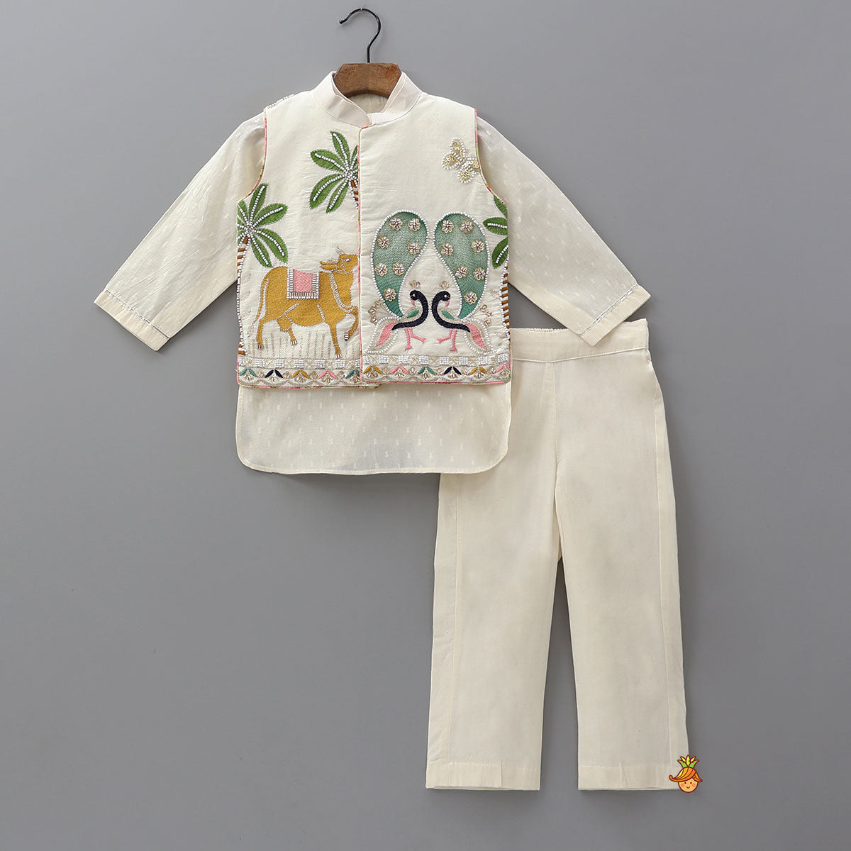 Off White Kurta With Beautiful Embroidered Jacket And Pyjama
