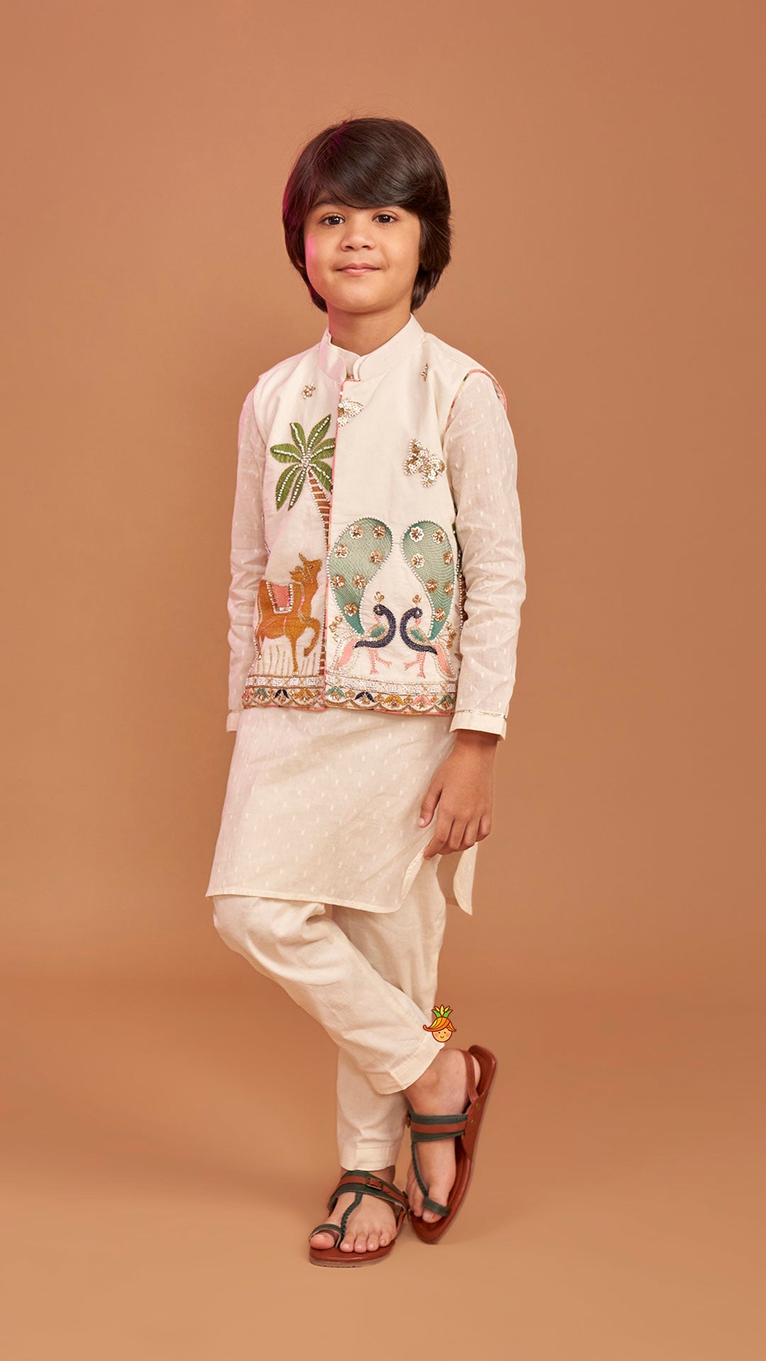 Off White Kurta With Beautiful Embroidered Jacket And Pyjama