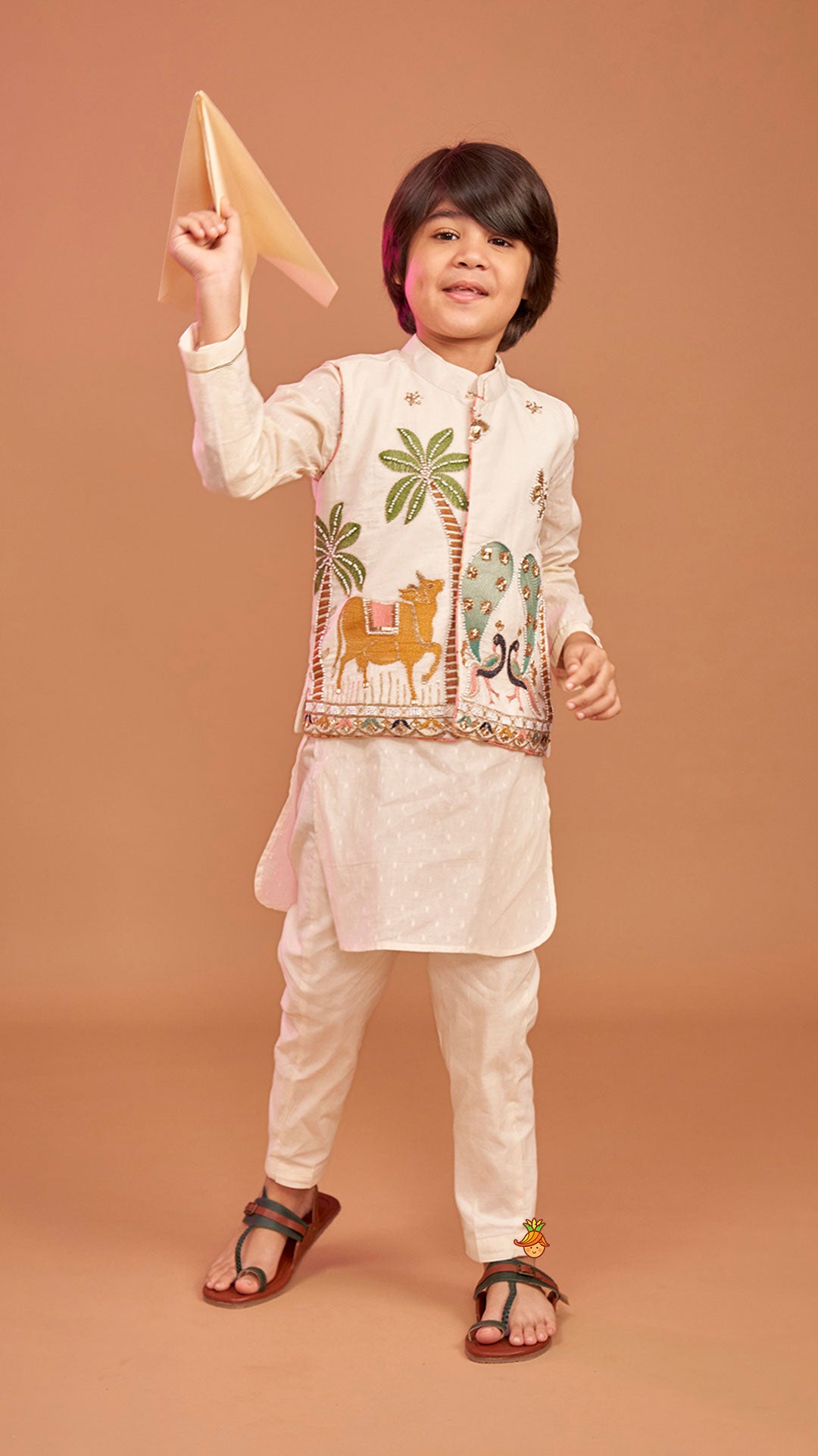 Off White Kurta With Beautiful Embroidered Jacket And Pyjama