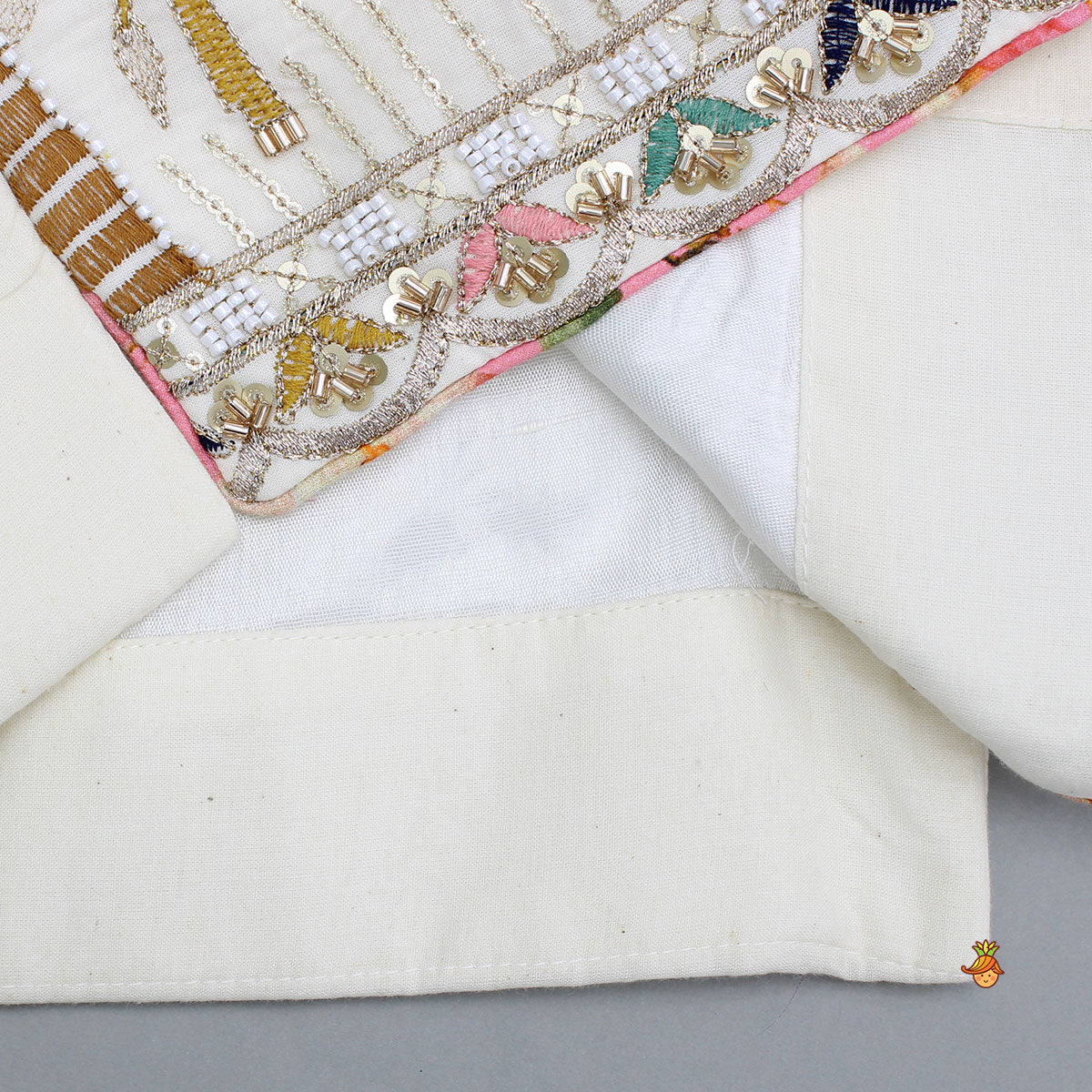 Off White Kurta With Beautiful Embroidered Jacket And Pyjama