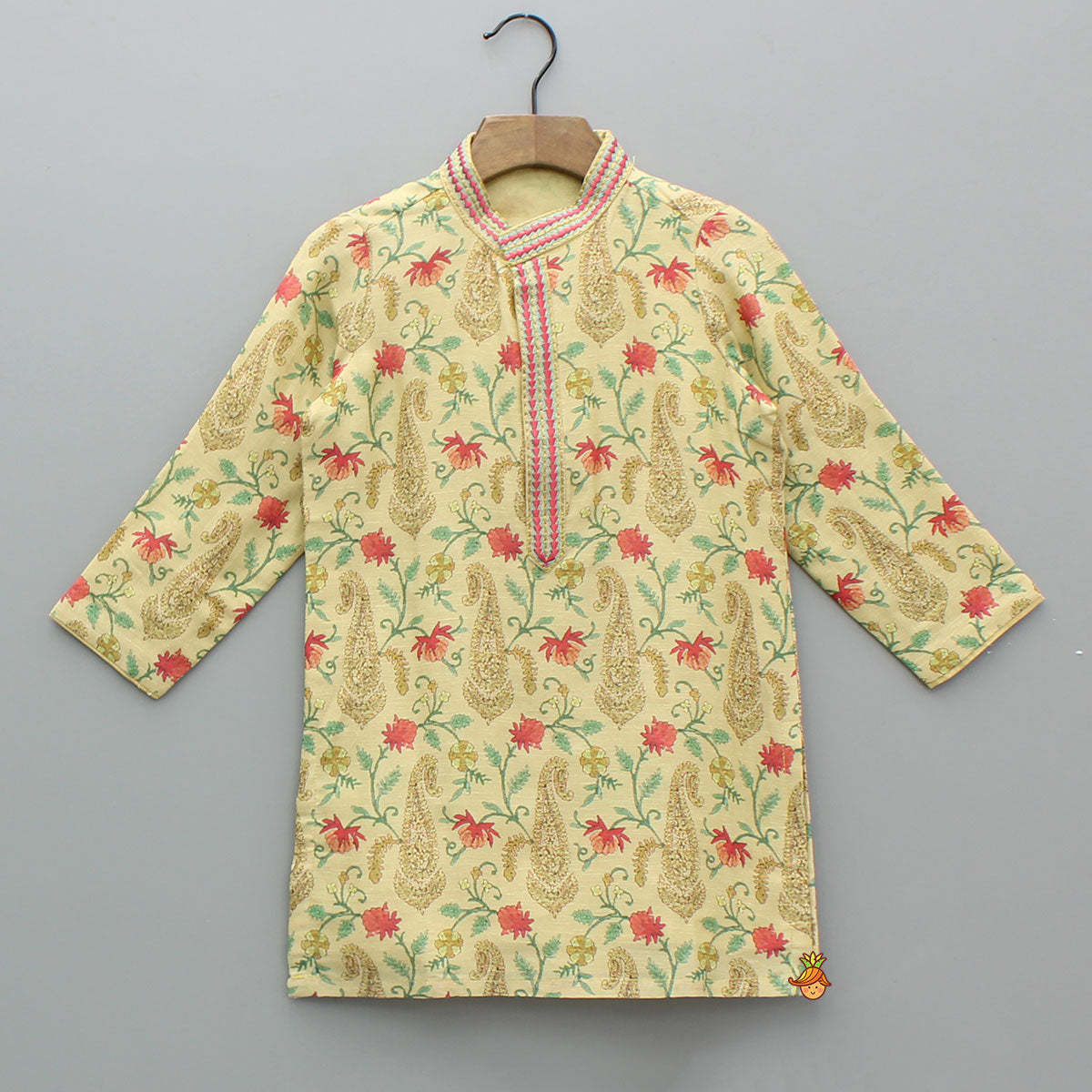 Beige Floral Printed Kurta With Matching Pyjama