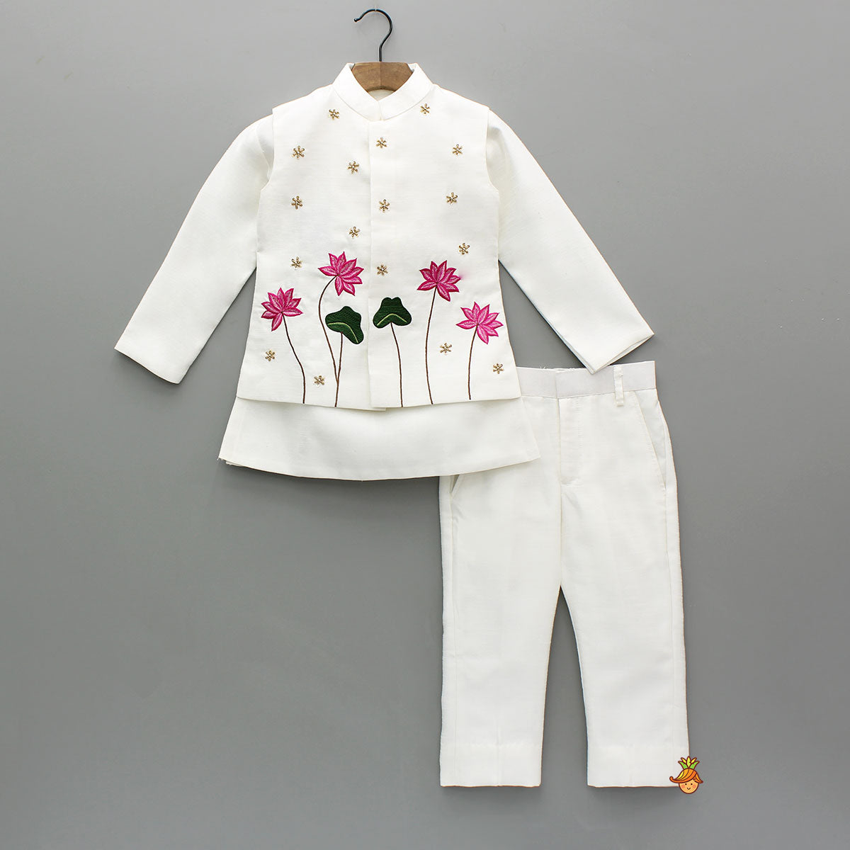 Off White Kurta With Embroidered Jacket With Pant