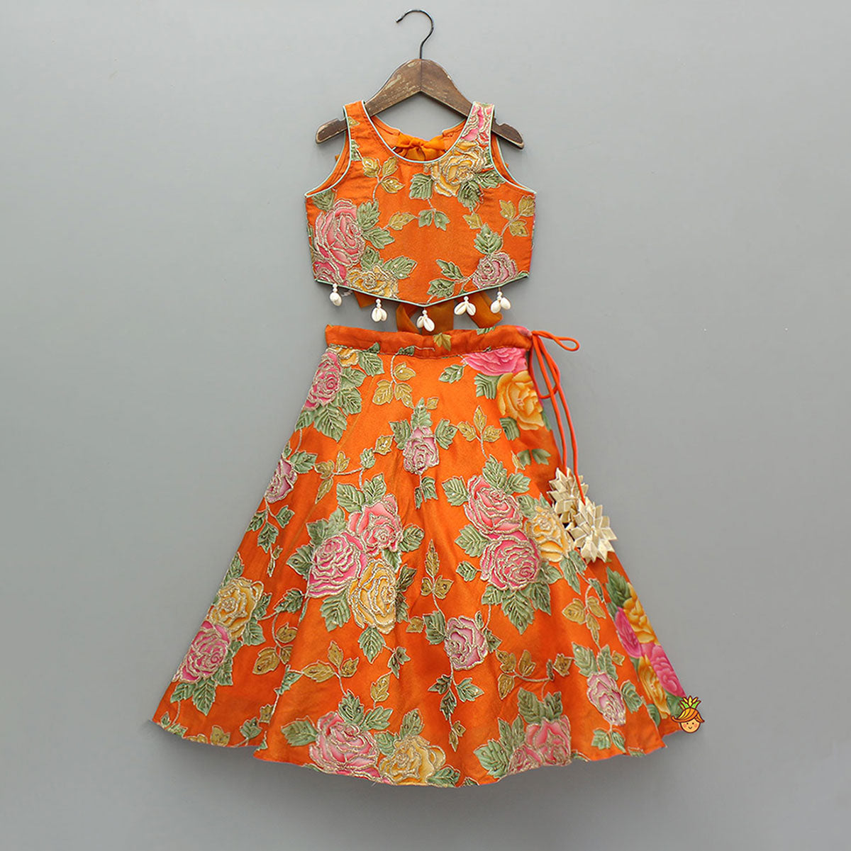 Elegant Orange Floral Printed Top With Lehenga And Dupatta