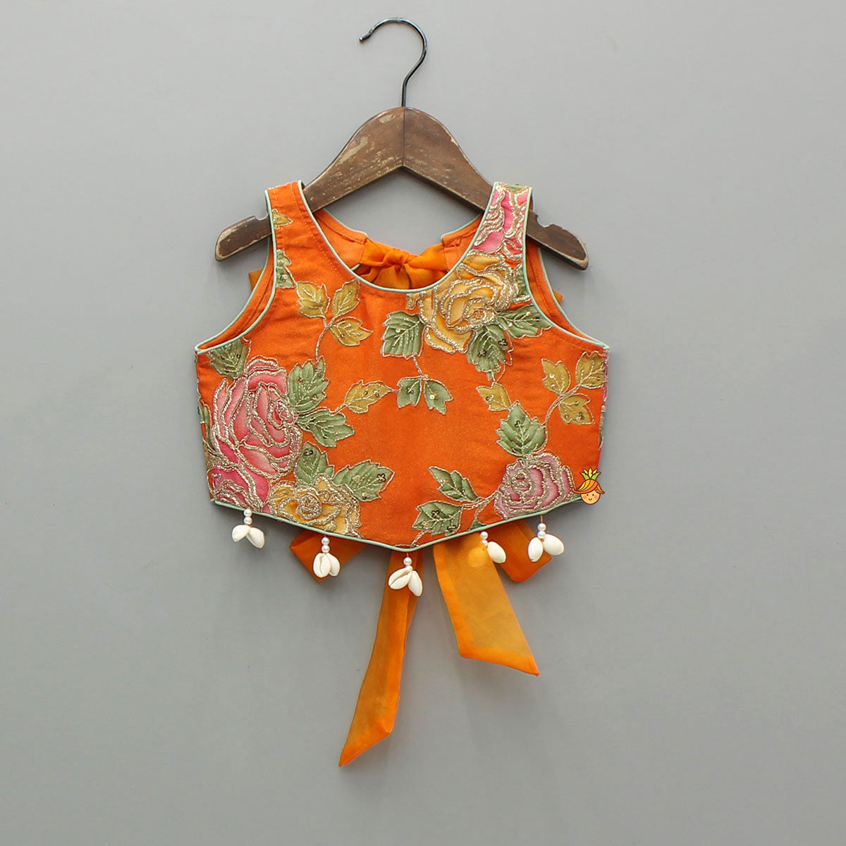 Elegant Orange Floral Printed Top With Lehenga And Dupatta