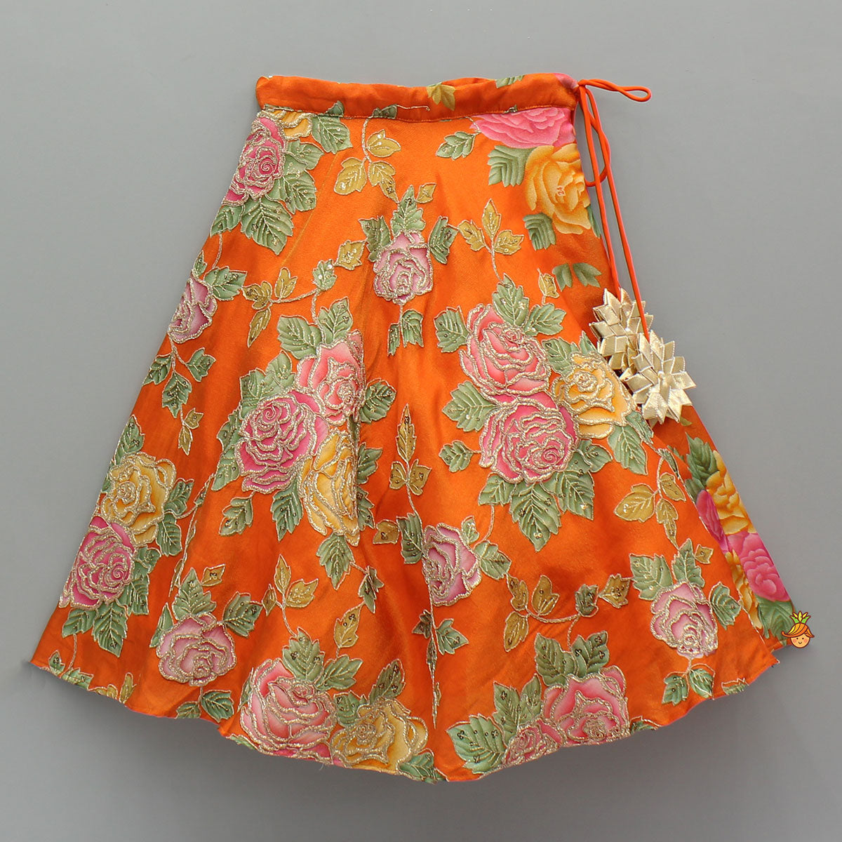 Elegant Orange Floral Printed Top With Lehenga And Dupatta