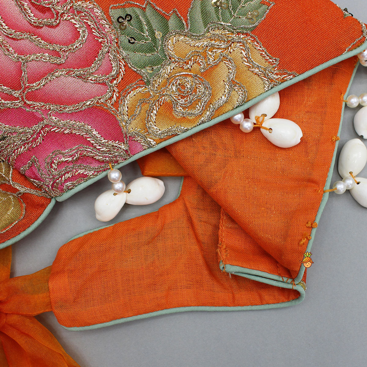 Elegant Orange Floral Printed Top With Lehenga And Dupatta