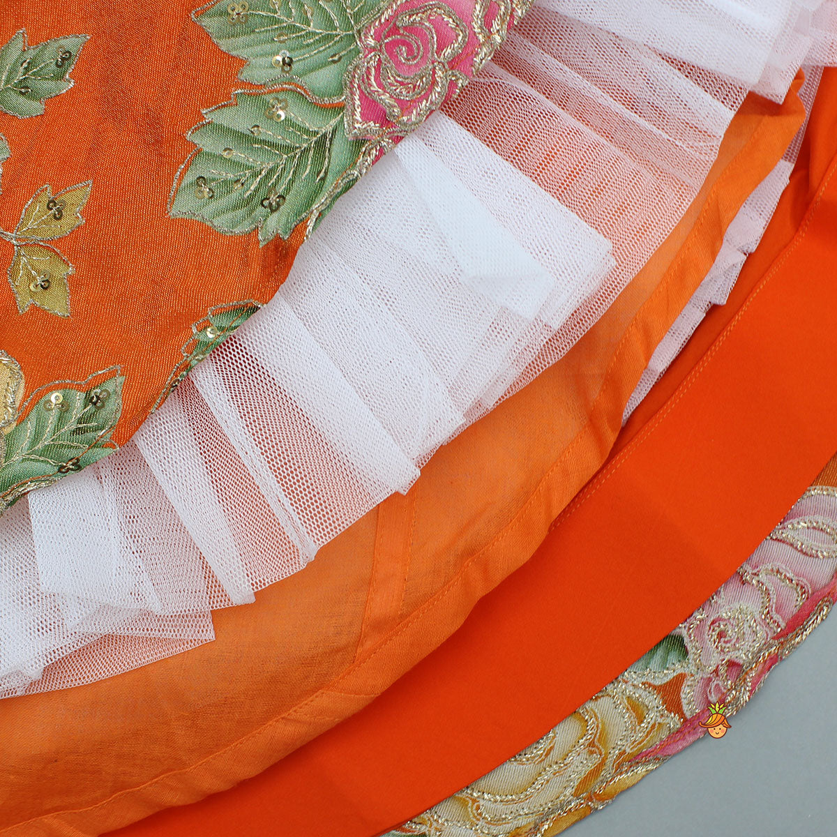 Elegant Orange Floral Printed Top With Lehenga And Dupatta
