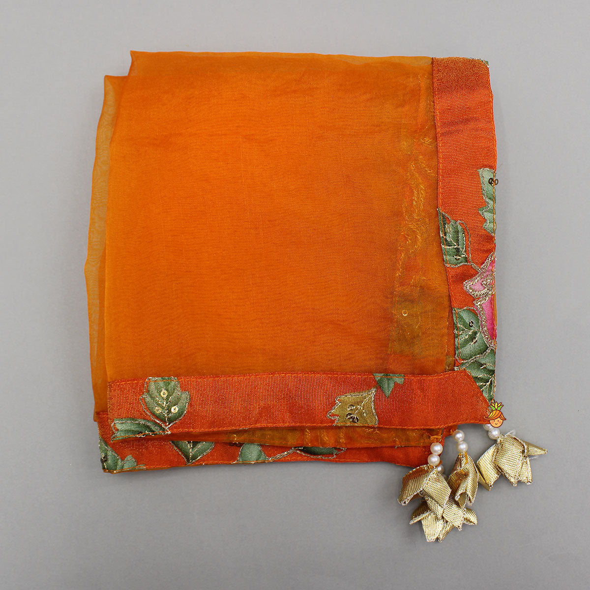 Elegant Orange Floral Printed Top With Lehenga And Dupatta