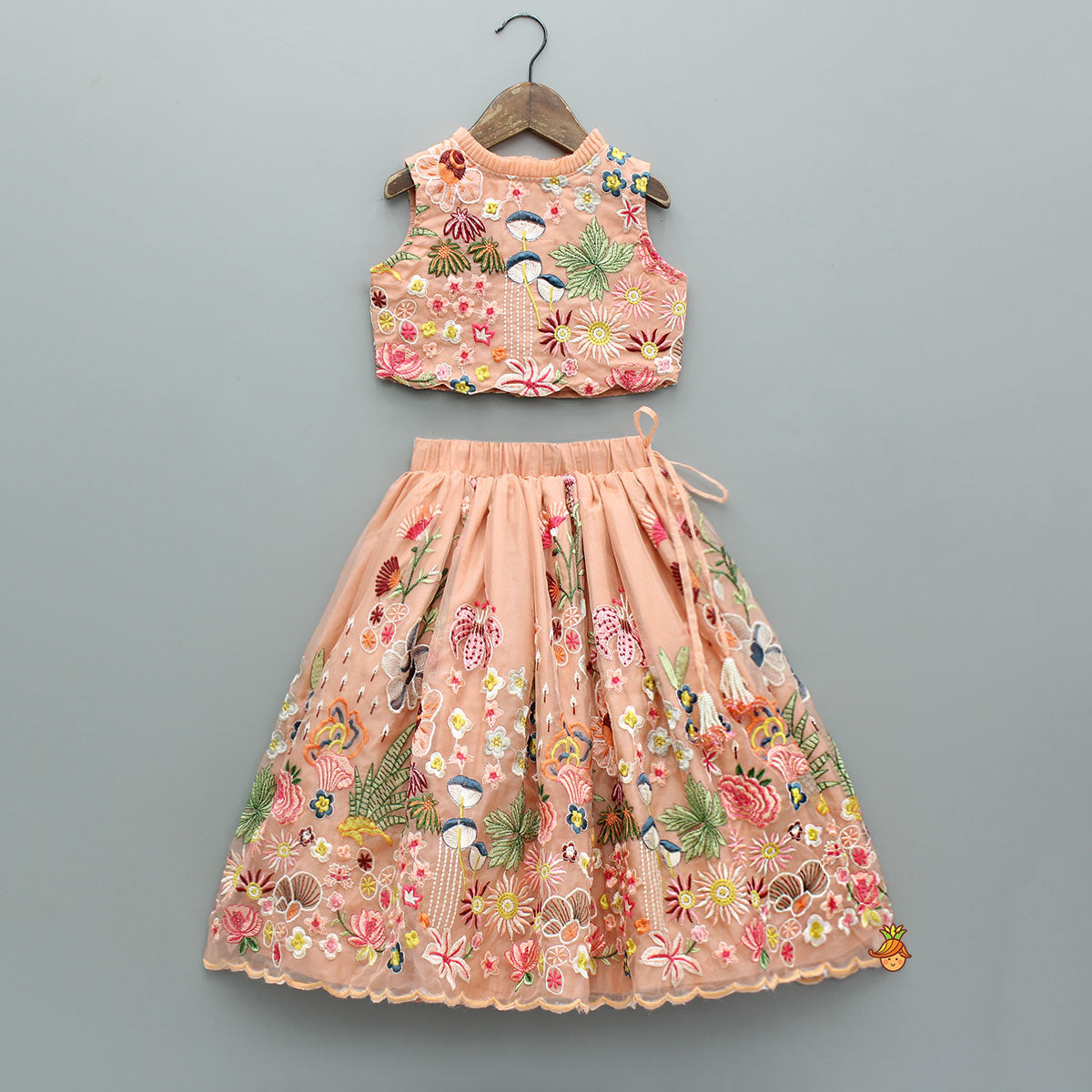 Elegant Scalloped Hem Multicolour Thread Embroidered Top And Lehenga