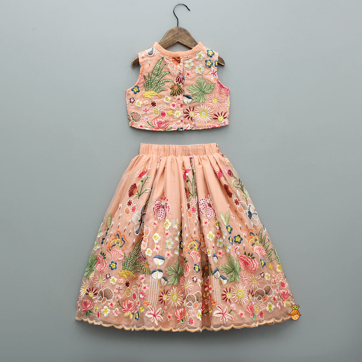 Elegant Scalloped Hem Multicolour Thread Embroidered Top And Lehenga