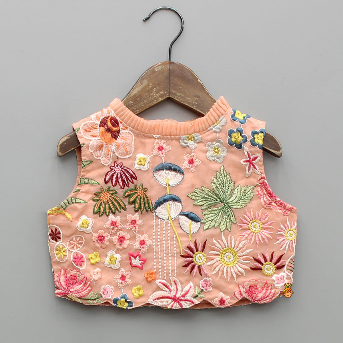 Elegant Scalloped Hem Multicolour Thread Embroidered Top And Lehenga