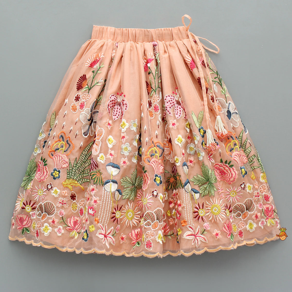 Elegant Scalloped Hem Multicolour Thread Embroidered Top And Lehenga