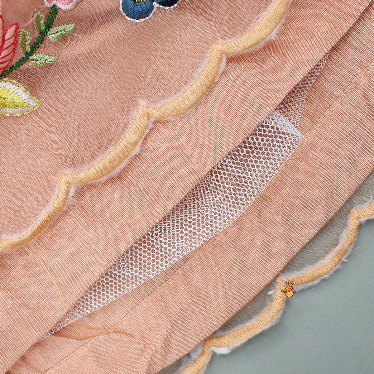 Elegant Scalloped Hem Multicolour Thread Embroidered Top And Lehenga