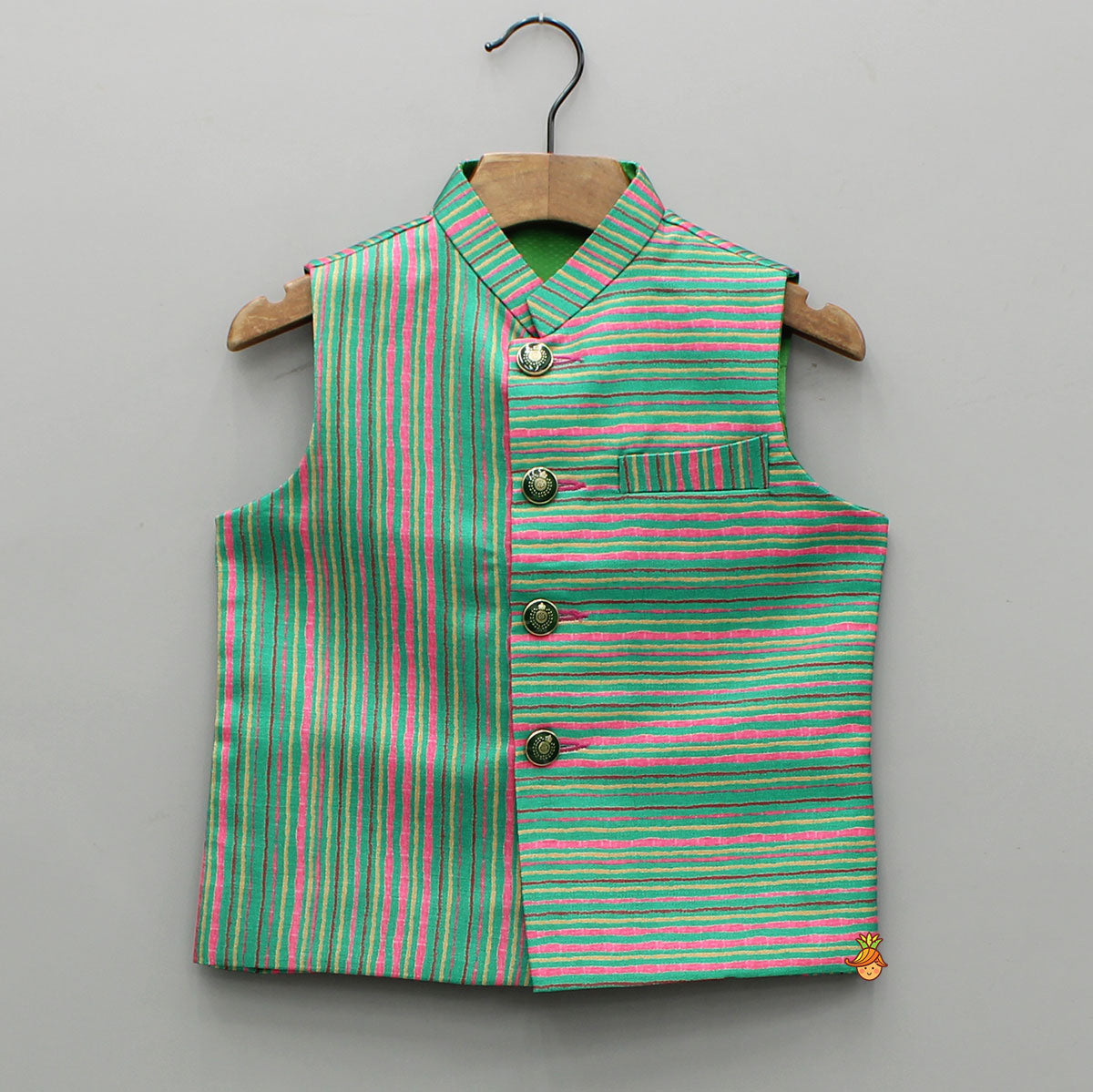 Green Kurta With Printed Jacket And Pyjama