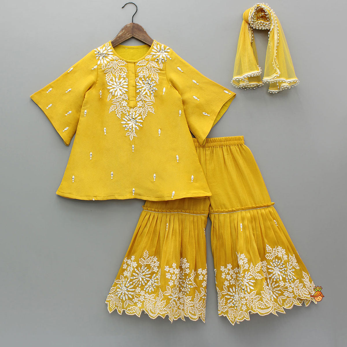 Shimmery Faux Mirror Embroidered Kurti With Shimmery Sharara And Dupatta