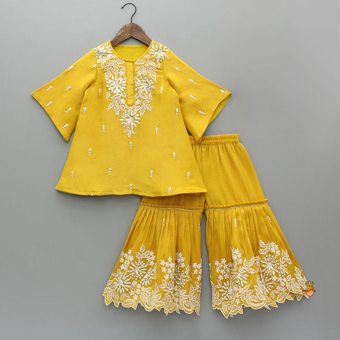Shimmery Faux Mirror Embroidered Kurti With Shimmery Sharara And Dupatta