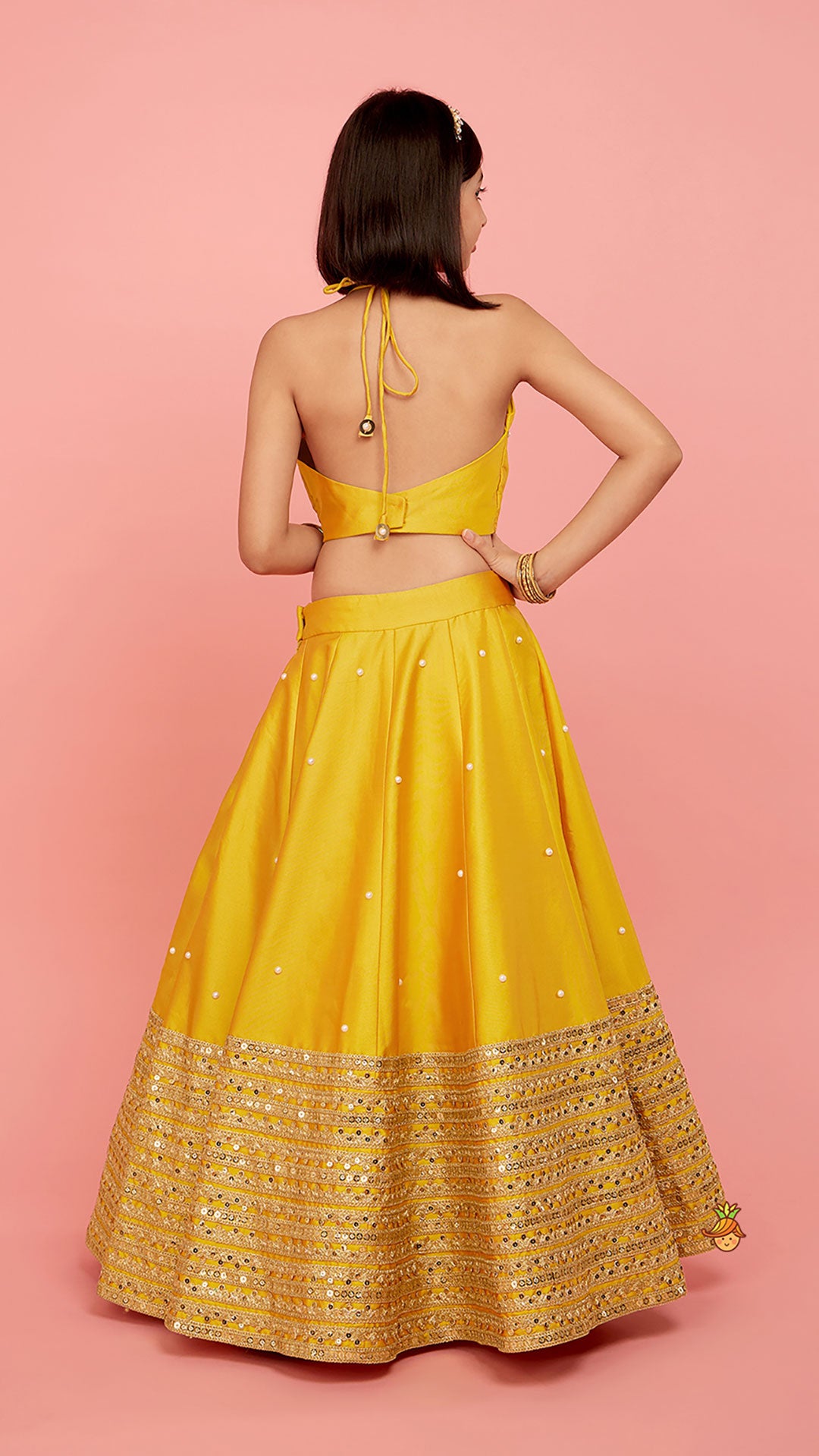 Open Back Halter Neck Mustard Yellow Top And Flared Lehenga With Gota Lace Detail Dupatta