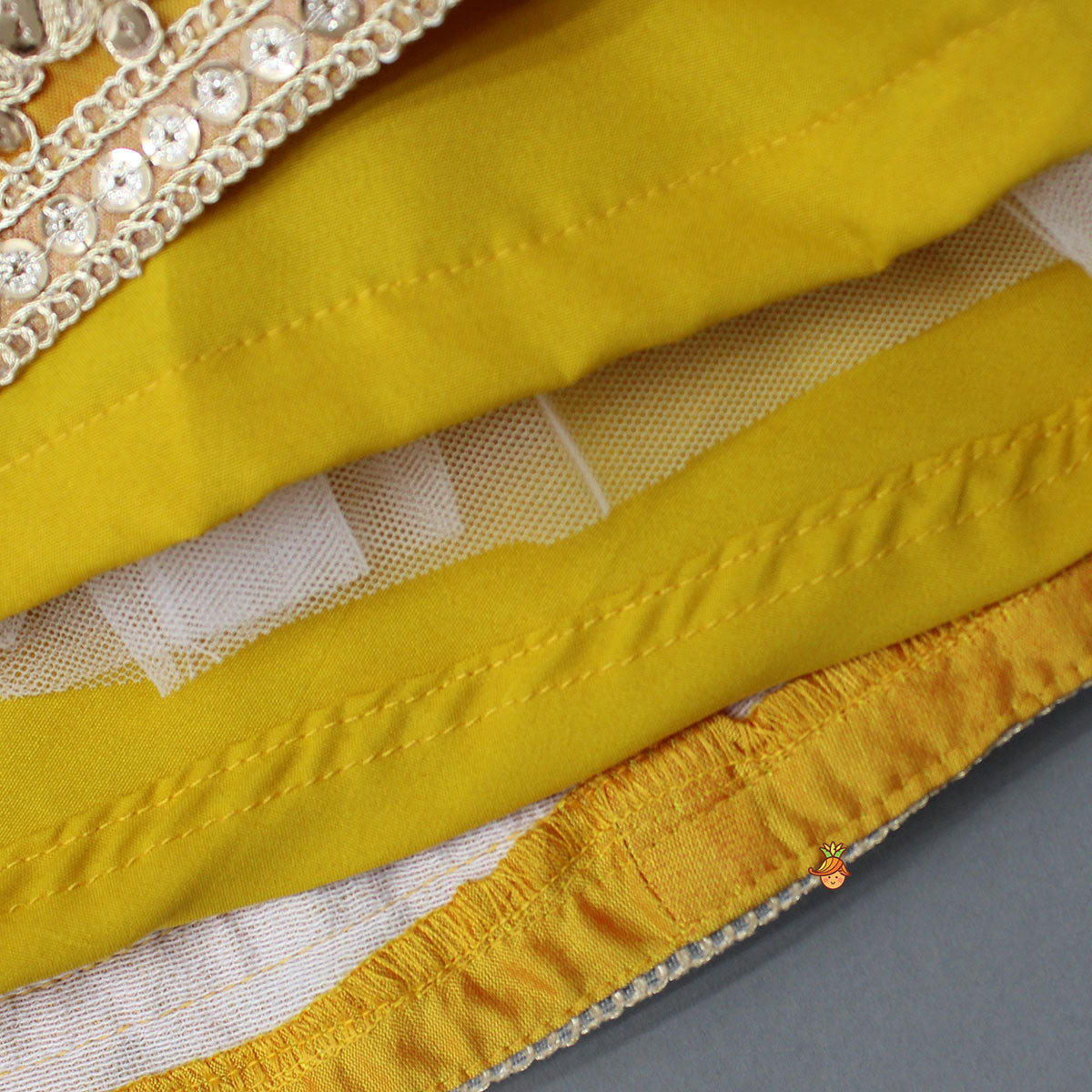 Open Back Halter Neck Mustard Yellow Top And Flared Lehenga With Gota Lace Detail Dupatta