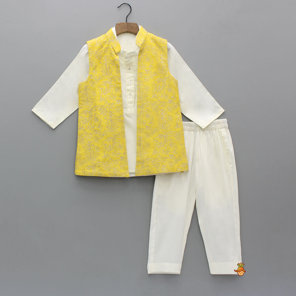Off White Kurta With Ethnic Embroidered Front Open Jacket And Pyjama
