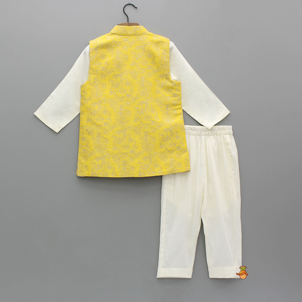 Off White Kurta With Ethnic Embroidered Front Open Jacket And Pyjama