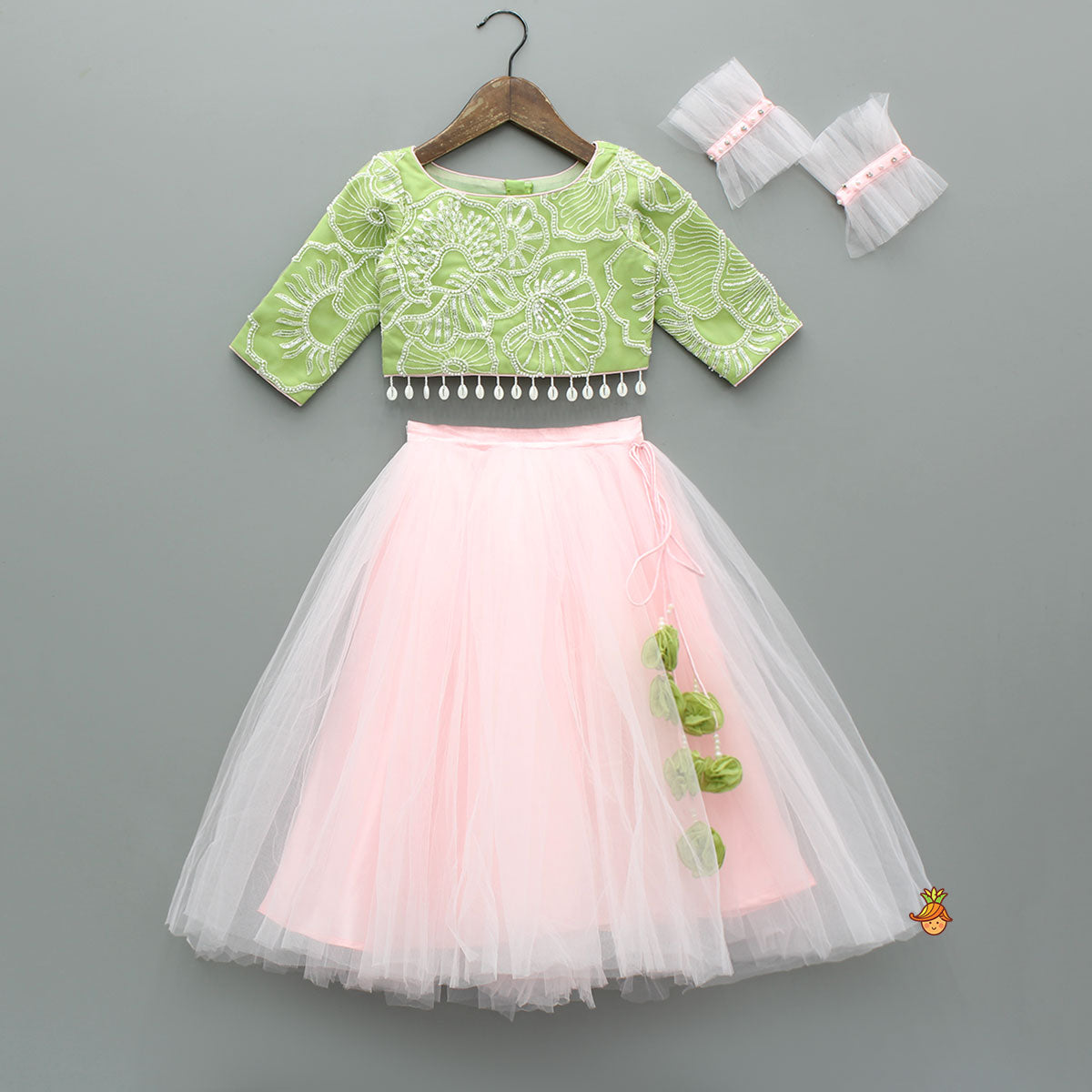 Adorable Floral Embroidered Top With Tulle Lehenga And Net Wrist Cuffs