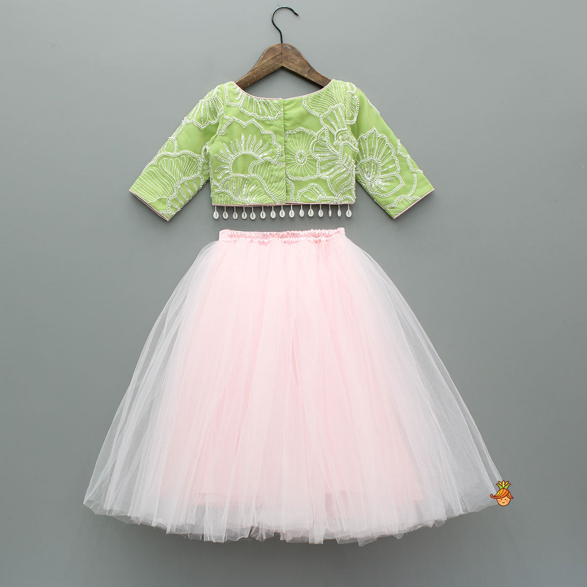Adorable Floral Embroidered Top With Tulle Lehenga And Net Wrist Cuffs